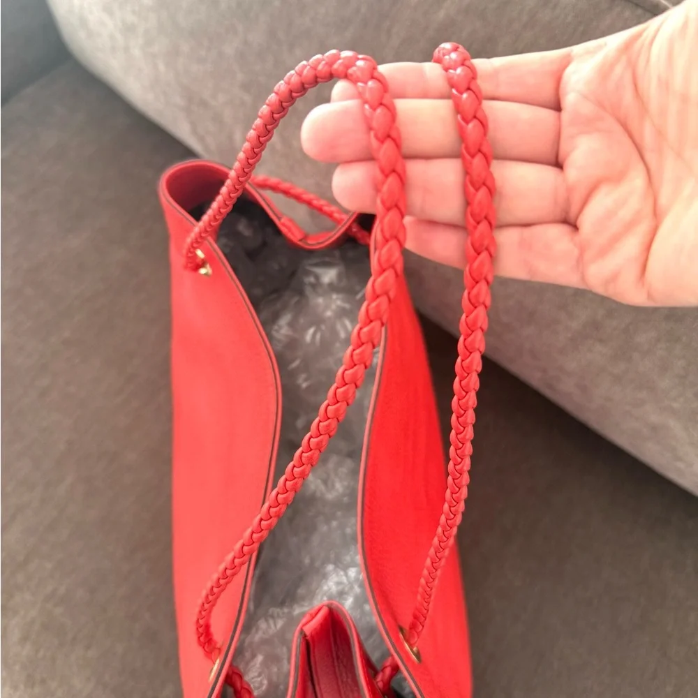 Authentic Gucci Gifford Tote Bag coral red leather large size braided handles
